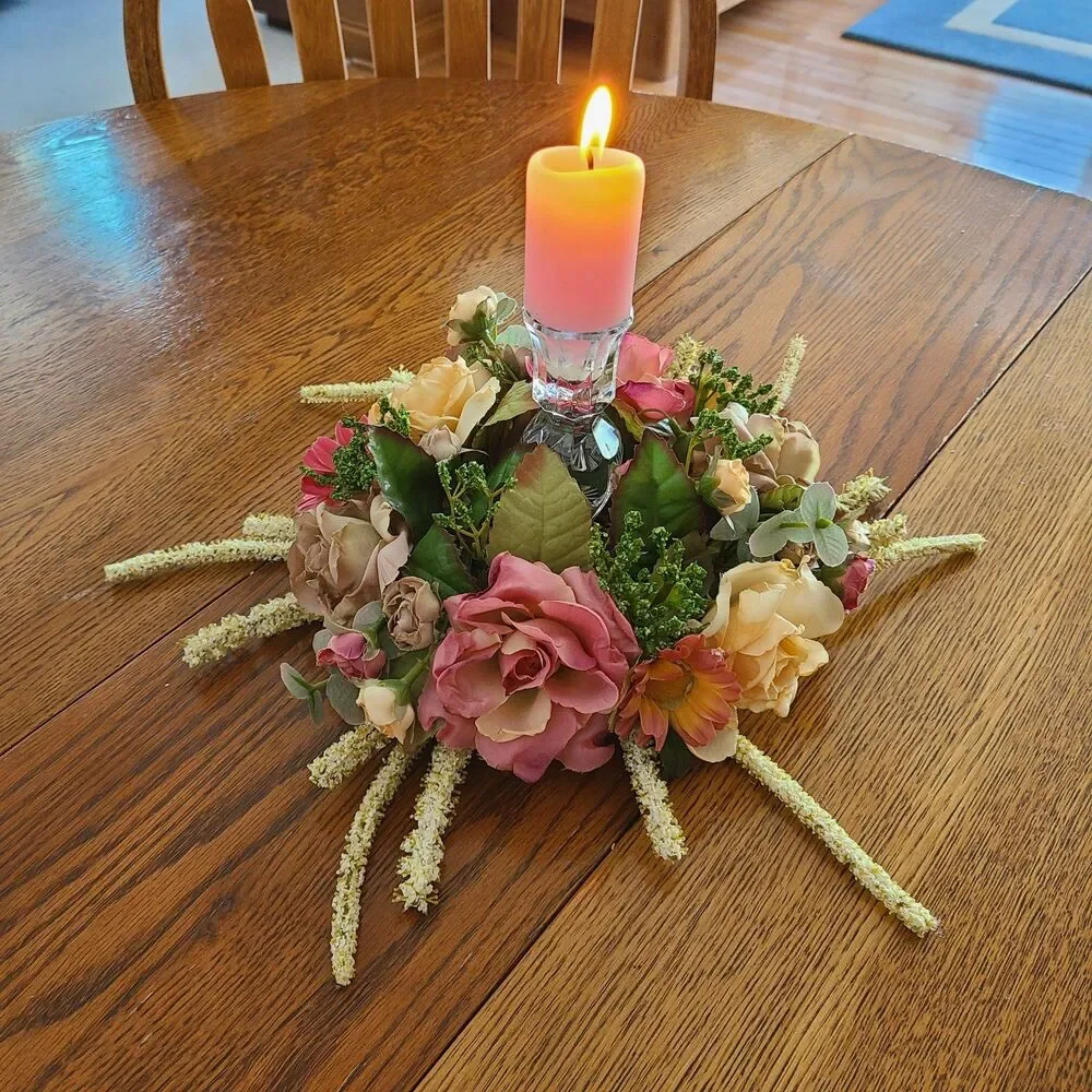 Vintage Mixed Floral and Foliage Candle Ring Candle Decor Floral Flower Decor